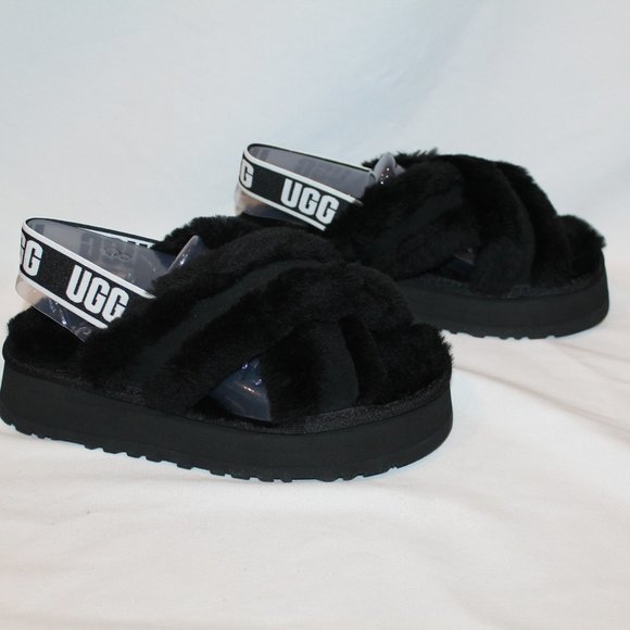 NIB UGG CRISS CROSS PLATFORM SHEARLING SLIDE SLIPPER SANDALS BLACK WHITE - Picture 3 of 7